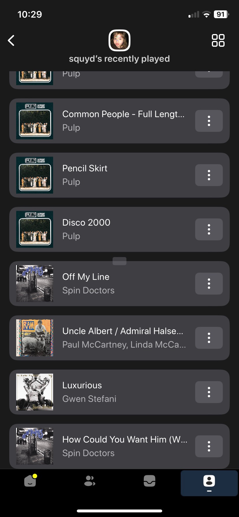 A screenshot of my recently played songs on Airbuds.