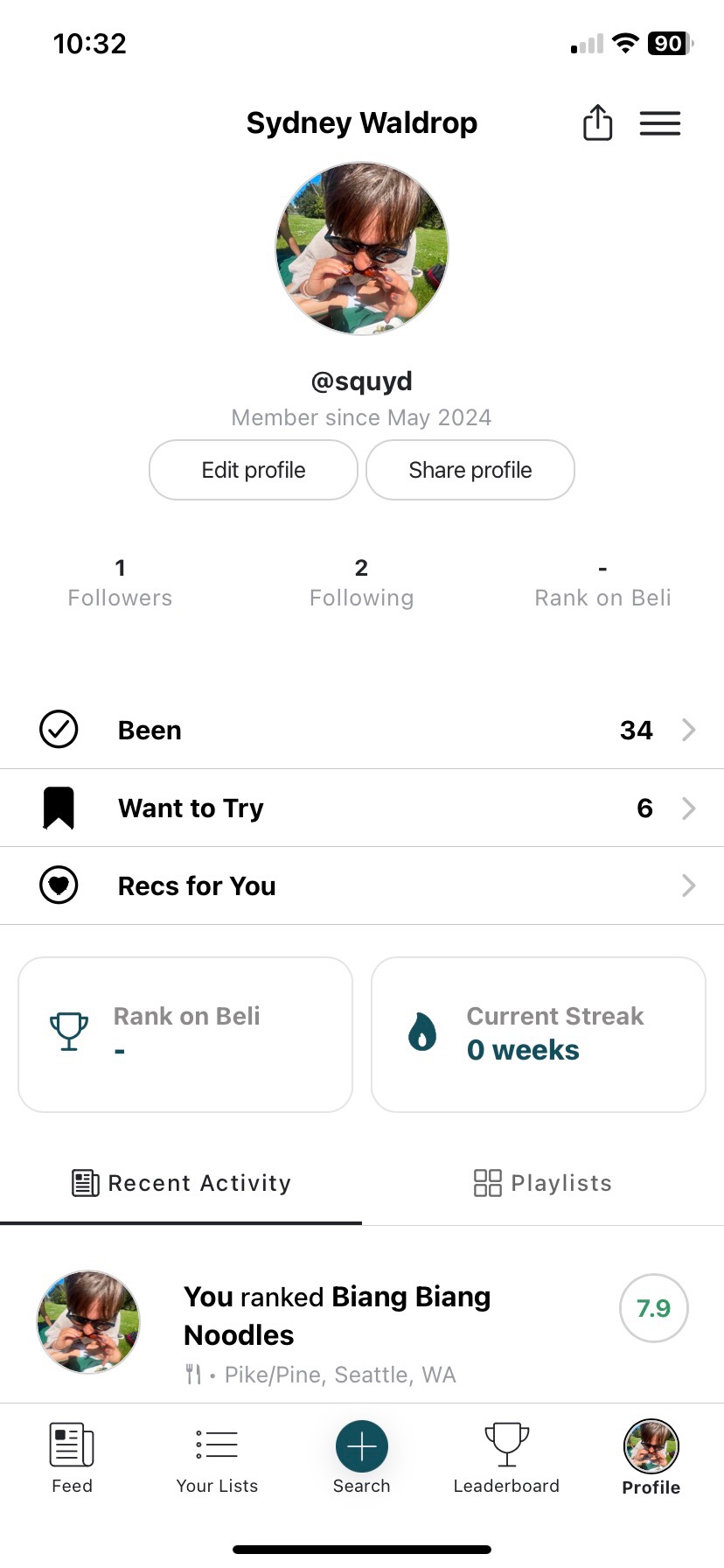 A screenshot of my restaurant rating app, Beli.