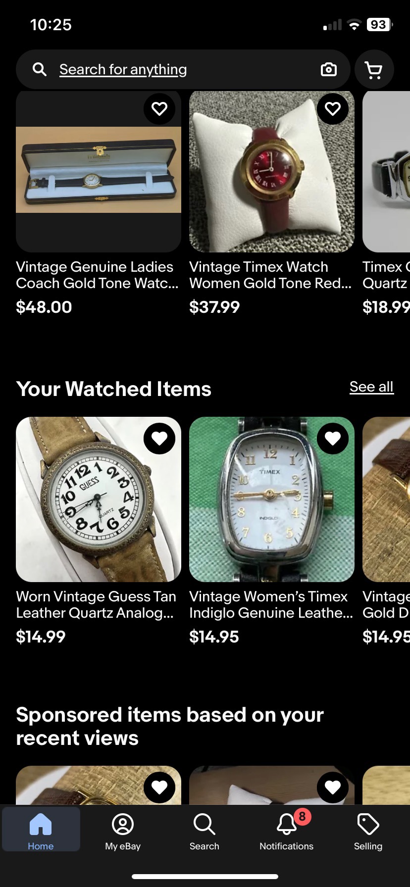 A screenshot of my eBay feed as I was looking for a new watch.