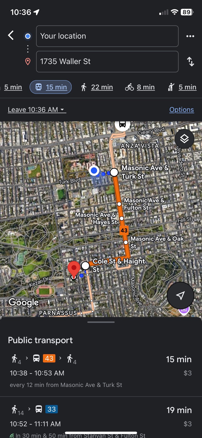 A screenshot of the bus route I needed to take.