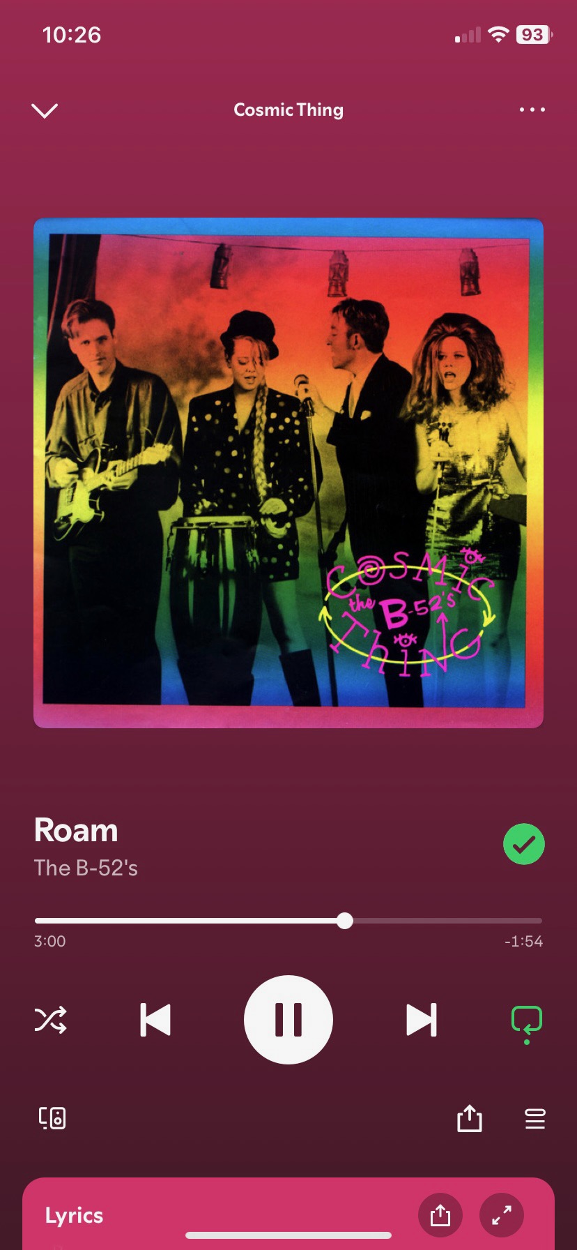 A screenshot of me playing Roam by the B-52’s on Spotify.